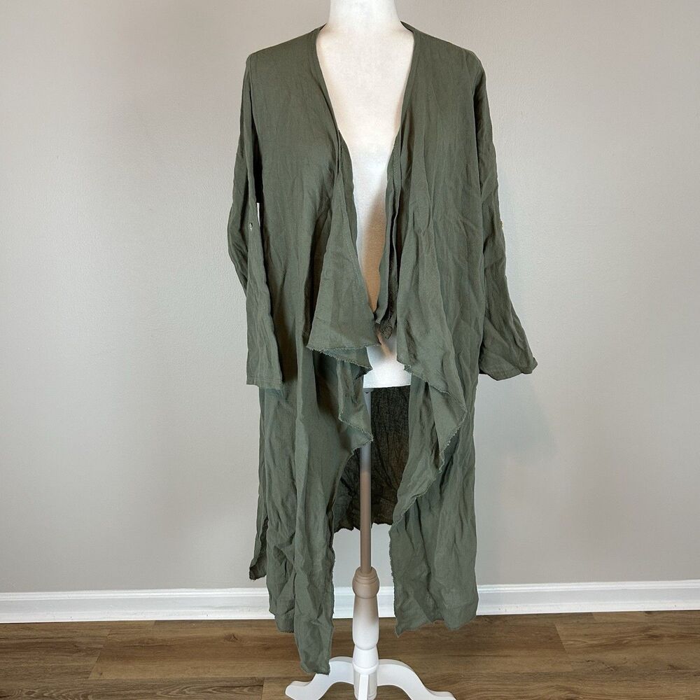 Saga Made In Italy Linen Duster Kimono Cardigan Top Waterfall Size M Green Long